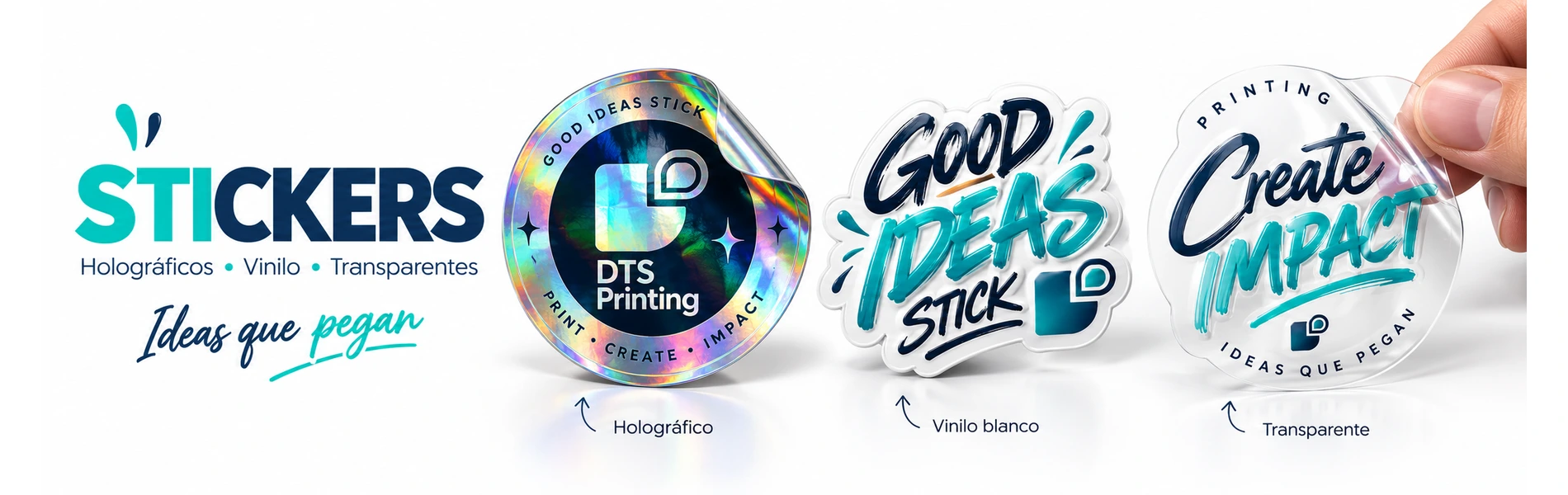 Stickers personalizados DTS Printing: holográficos, de vinilo blanco y transparentes. Configura tus pegatinas online.