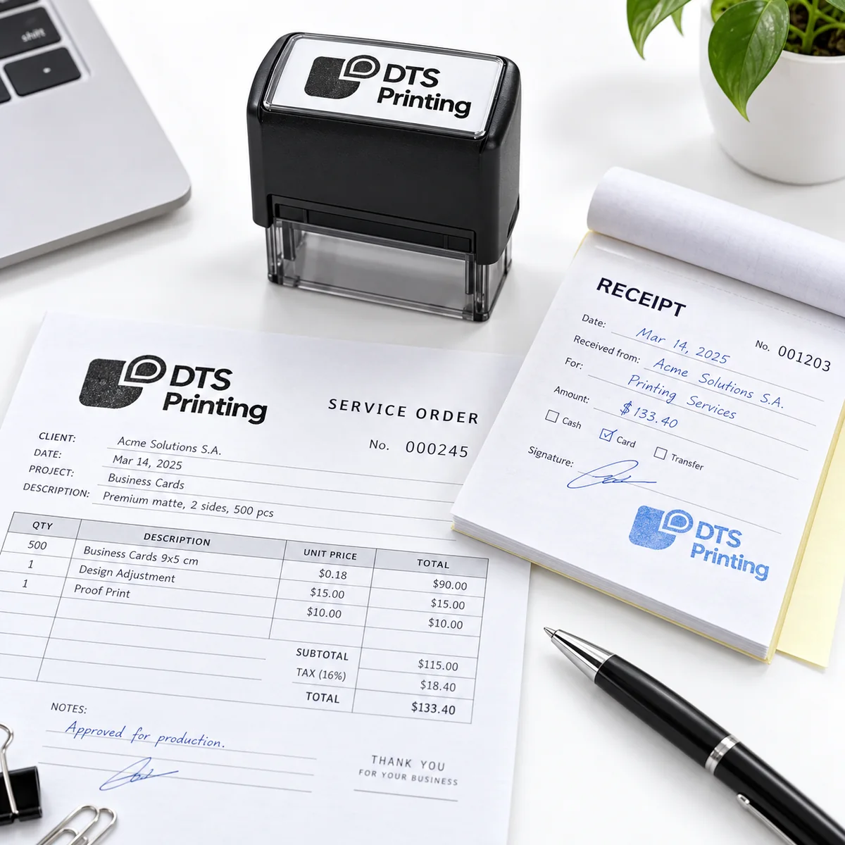 Sello automático personalizado de DTS Printing sobre documentos de oficina