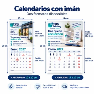 Dos formatos de calendario imán nevera 2027 con sus medidas y faldilla