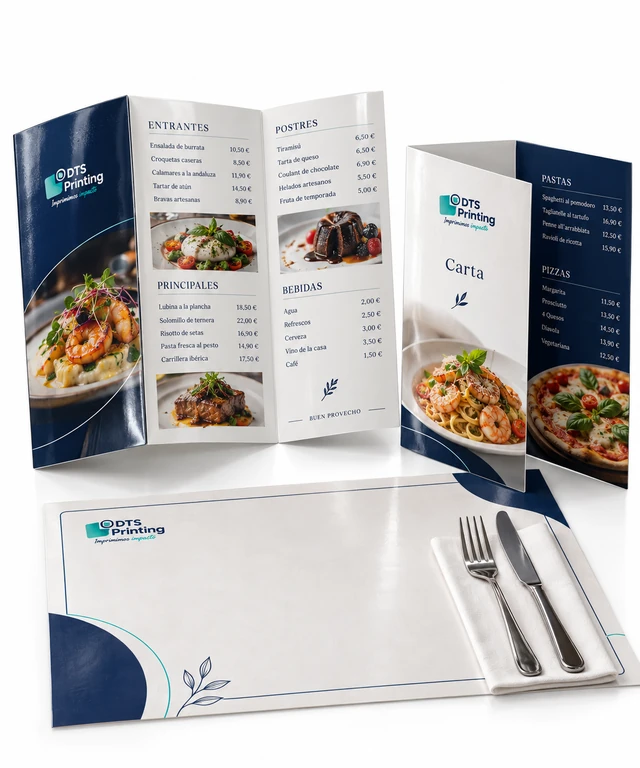 Cartas de menú y manteles individuales personalizados para hostelería de DTS Printing en Barcelona y España