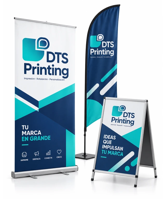 Displays publicitarios, roll up y banderas personalizadas de DTS Printing en Barcelona, con envíos a España