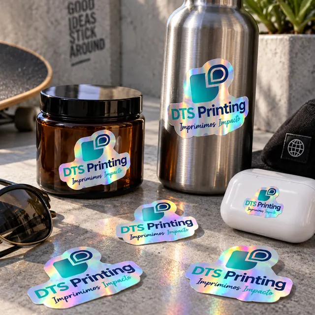 DTS Printing individual die-cut holographic stickers with rainbow reflections on a bottle and accessories