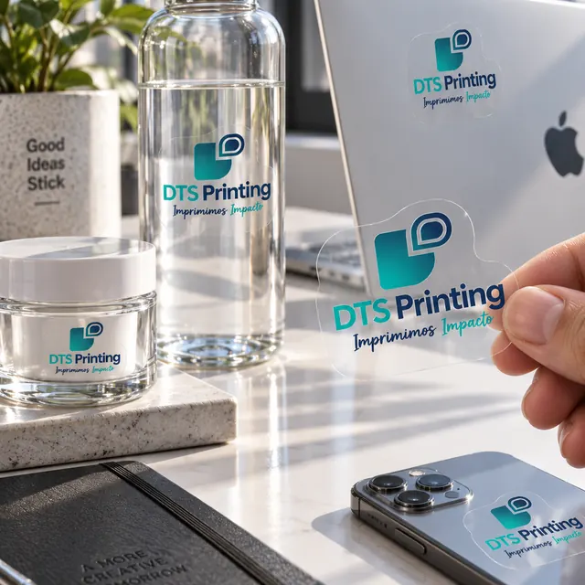 DTS Printing individual die-cut clear stickers on a bottle, laptop and mobile phone