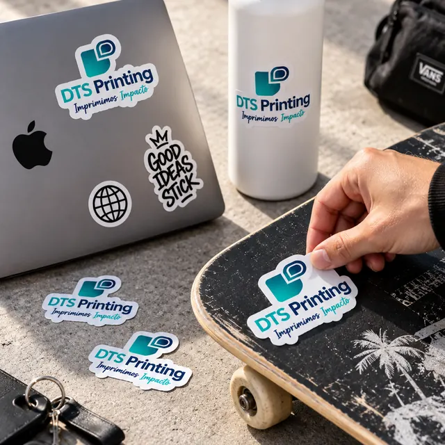 DTS Printing individual die-cut matt white vinyl stickers on a laptop, bottle and skateboard