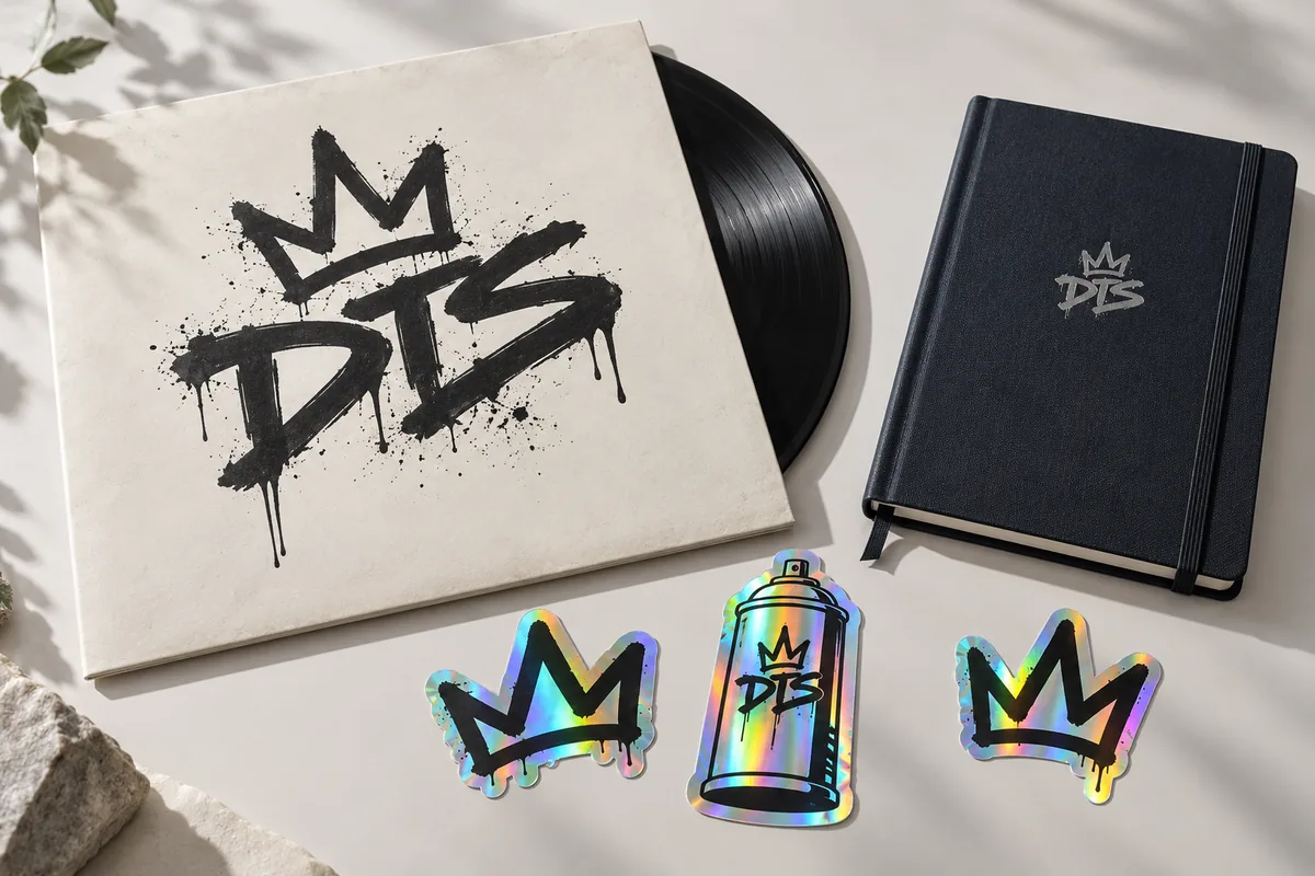 DTS holographic stickers with rainbow reflections next to a disc and a notebook
