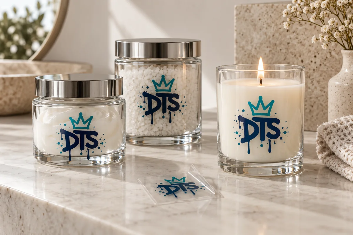 Transparent DTS labels on glass jars and a glass candle