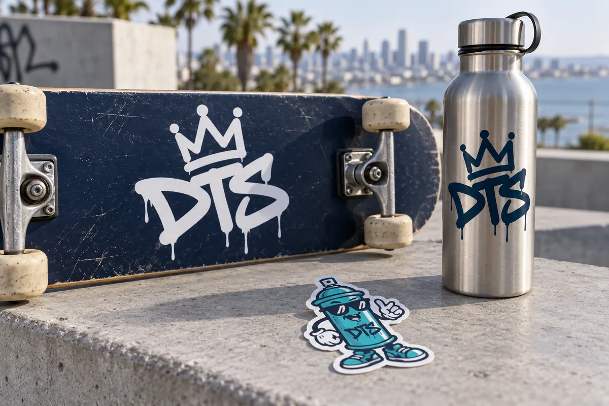 DTS white vinyl stickers on a skateboard and a reusable bottle