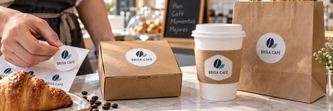 Custom logo stickers on a kraft box, bag and takeaway cup