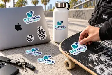 Examples of white vinyl stickers with custom cut