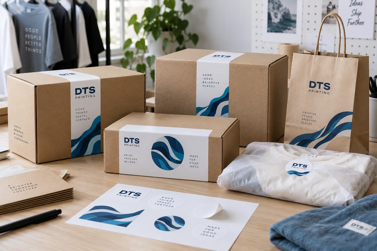 Ejemplos de etiquetas de vinilo blanco en cajas de envío y envoltorios de una marca de ropa