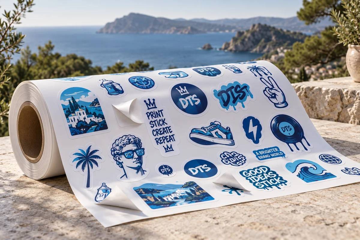 Rollo de vinilo blanco con pegatinas urbanas azules y turquesas parcialmente despegadas en un paisaje mediterráneo