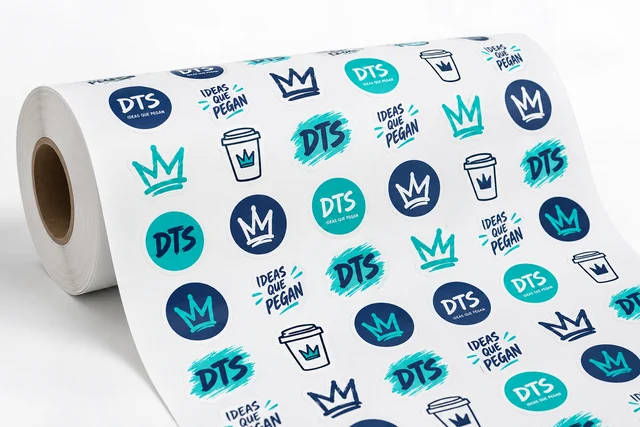 DTS matt white vinyl stickers on a roll with continuous backing