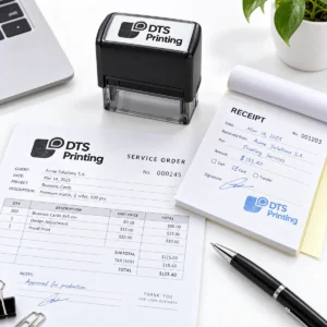 Sello automático personalizado de DTS Printing sobre documentos de oficina